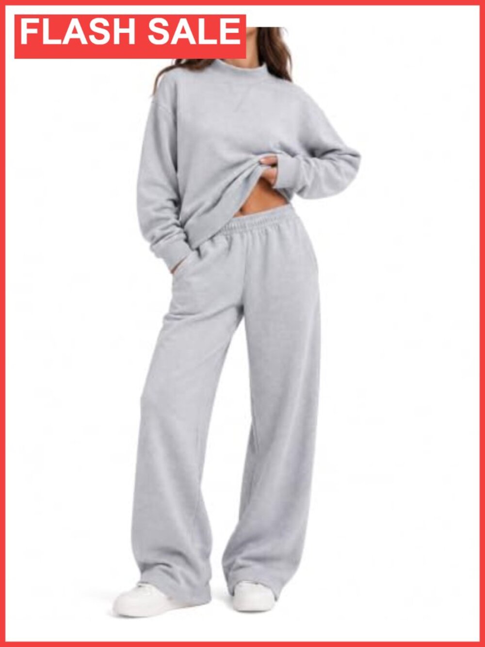 Cotton Mock Neck Sweatshirt Wide Leg Pants Set